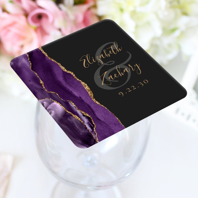 Agate Geode Script Purple Gold Dark Wedding Square Paper Coaster (Creator Uploaded)
