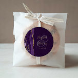 Agate Geode Script Purple Gold Plum Wedding Classic Round Sticker<br><div class="desc">This elegant modern wedding sticker features a purple watercolor agate geode design trimmed with faux gold glitter. Easily customize the gold-coloured text on a rich plum background,  with the names of the bride and groom in handwriting calligraphy over a large ampersand.</div>