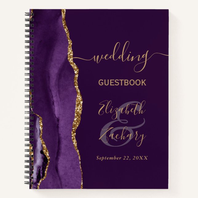 Agate Geode Script Purple Gold Plum Wedding Guest Notebook (Front)