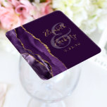 Agate Geode Script Purple Gold Plum Wedding Square Paper Coaster<br><div class="desc">This elegant modern wedding coaster features a purple watercolor agate design trimmed with faux gold glitter. Easily customize the gold coloured text on a rich plum background,  with the names of the bride and groom in handwriting calligraphy over a large ampersand.</div>
