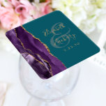 Agate Geode Script Purple Gold Plum Wedding Square Paper Coaster<br><div class="desc">This elegant modern wedding coaster features a purple watercolor agate design trimmed with faux gold glitter. Easily customize the gold-coloured text on a teal blue background,  with the names of the bride and groom in handwriting calligraphy over a large ampersand.</div>