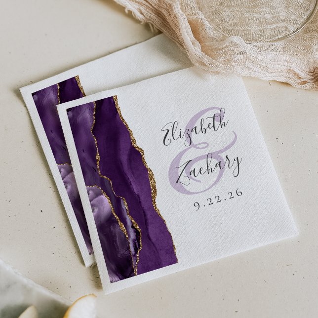 Agate Geode Script Purple Gold Wedding Napkin (Creator Uploaded)