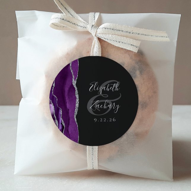 Agate Geode Script Purple Silver Dark Wedding Classic Round Sticker (Creator Uploaded)
