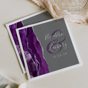 Agate Geode Script Purple Silver Grey Wedding Napkin