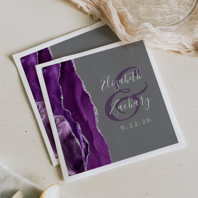 Agate Geode Script Purple Silver Grey Wedding Napkin (Creator Uploaded)