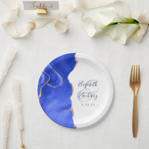 Agate Geode Script Royal Blue Gold Wedding Paper Plate