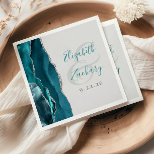 Agate Geode Script Teal Blue Silver Gray Wedding Napkin