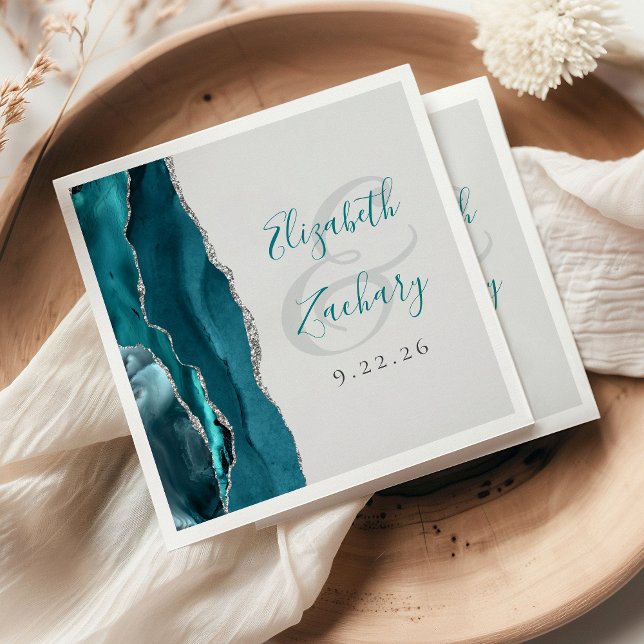 Agate Geode Script Teal Blue Silver Grey Wedding Napkin (Creator Uploaded)
