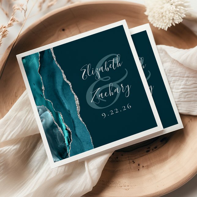 Agate Geode Script Teal Blue Silver Wedding Napkin (Creator Uploaded)