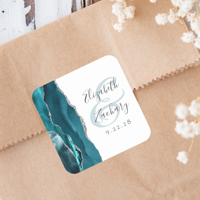 Agate Geode Script Teal Blue Silver Wedding Square Sticker (Creator Uploaded)