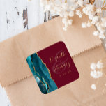 Agate Geode Script Teal Gold Burgundy Wedding Square Sticker<br><div class="desc">This elegant modern wedding sticker features a teal blue watercolor agate geode design trimmed with faux gold glitter. Easily customize the gold-coloured text on a burgundy red background,  with the names of the bride and groom in handwriting calligraphy over a large ampersand.</div>