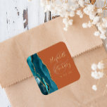 Agate Geode Script Teal Gold Burnt Orange Wedding Square Sticker<br><div class="desc">This elegant modern wedding sticker features a teal blue watercolor agate geode design trimmed with faux gold glitter. Easily customize the gold-coloured text on a burnt orange background,  with the names of the bride and groom in handwriting calligraphy over a large ampersand.</div>