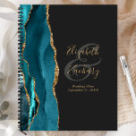 Agate Geode Script Teal Gold Dark Wedding Plans Planner<br><div class="desc">This elegant modern wedding planner features a teal blue watercolor design trimmed with faux gold glitter. Easily customize the gold-coloured text on an off-black background, with the names of the bride and groom in handwriting calligraphy over a large, charcoal grey ampersand. Add the title and wedding date below in italics....</div>