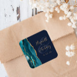 Agate Geode Script Teal Gold Navy Blue Wedding Square Sticker<br><div class="desc">This elegant modern wedding sticker features a teal blue watercolor agate geode design trimmed with faux gold glitter. Easily customize the gold-coloured text on a navy blue background,  with the names of the bride and groom in handwriting calligraphy over a large ampersand.</div>