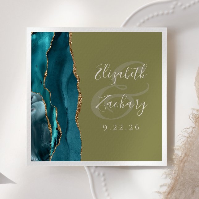 Agate Geode Script Teal Gold Olive Green Wedding Napkin (Creator Uploaded)