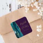 Agate Geode Script Teal Gold Purple Wedding Square Sticker<br><div class="desc">This elegant modern wedding sticker features a teal blue watercolor agate geode design trimmed with faux gold glitter. Easily customize the gold-coloured text on a purple background,  with the names of the bride and groom in handwriting calligraphy over a large ampersand.</div>