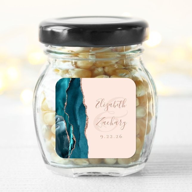 Agate Geode Script Teal Rose Gold Blush Wedding Square Sticker (Creator Uploaded)
