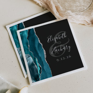 Agate Geode Script Teal Silver Dark Wedding Napkin