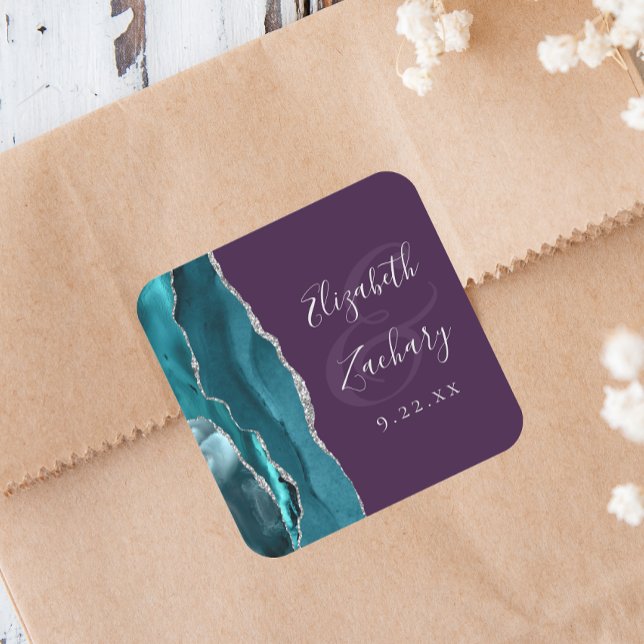 Agate Geode Script Teal Silver Purple Wedding Square Sticker (Creator Uploaded)
