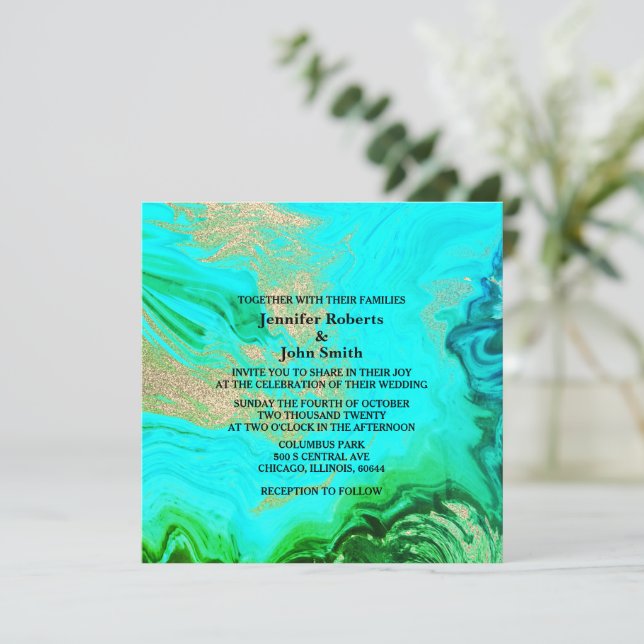 Agate Geode Teal Blue Green Gold Glitter Wedding Invitation (Standing Front)
