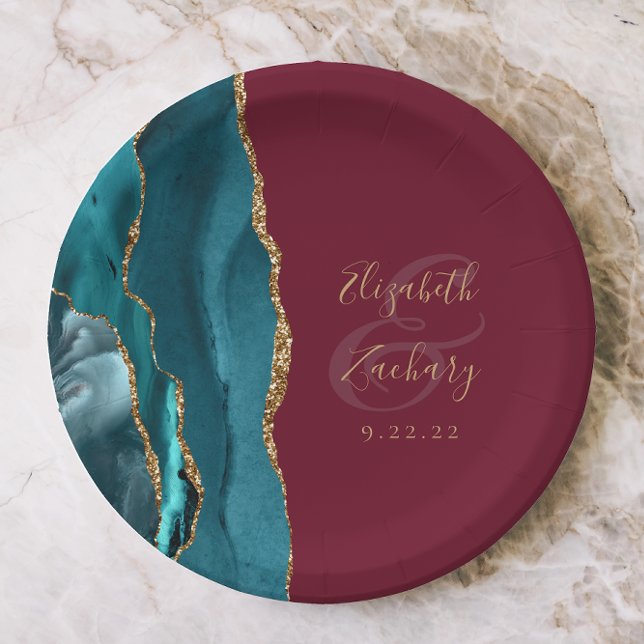 Agate Geode Teal Gold Burgundy Wedding Paper Plate (Creator Uploaded)