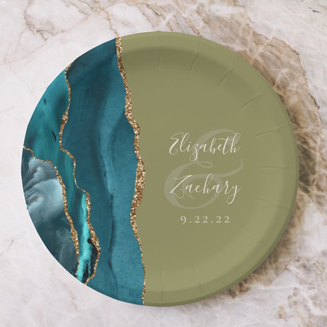 Agate Geode Teal Gold Olive Green Wedding Paper Plate (Creator Uploaded)