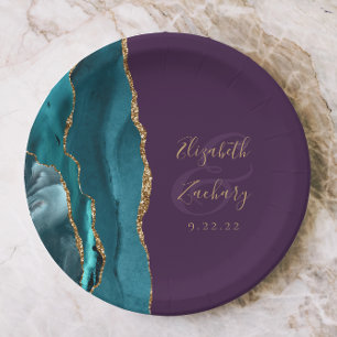 Agate Geode Teal Gold Purple Wedding Paper Plate