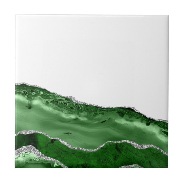 Agate Glamourous Emerald Green Silver Glitter Tile (Front)
