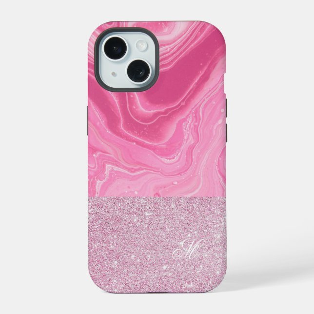 Agate Glitter Pink Rose Monogram iPhone 15 Case (Back)