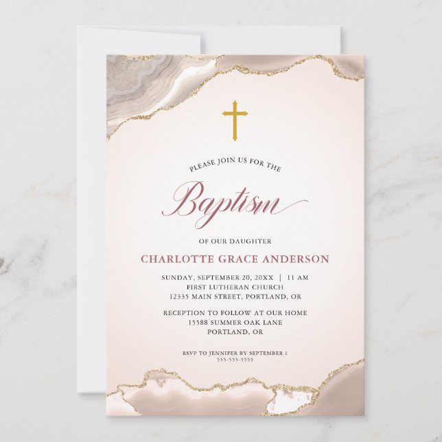 Agate Gold Glitter Script Baby Girl Baptism Invitation (Front)