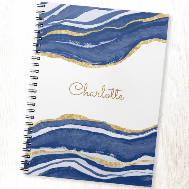 Agate Gold Glitter Watercolor Personalized Blue Notebook (Blue and white gold glitter personalized name notebook)