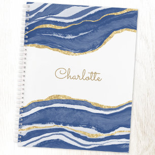 Agate Gold Glitter Watercolor Personalized Blue Notebook