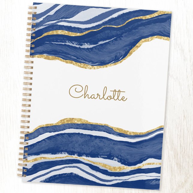 Agate Gold Glitter Watercolor Personalized Blue Planner (Blue agate marble personalized custom name planner with hard or soft cover)