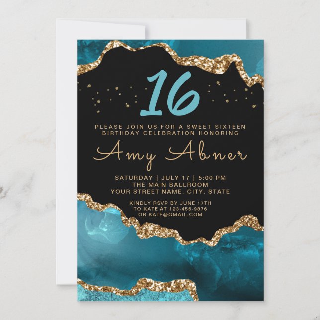 Agate Gold Teal Sweet 16 Birthday Invitation (Front)