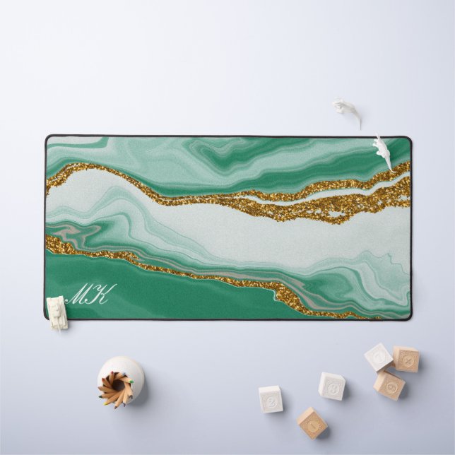 Agate Green and Gold Marble Swirl Desk Mat (Kids Table)