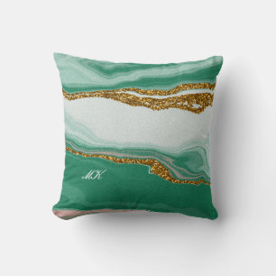 Agate Green and Gold Marble Swirl Throw Pillow