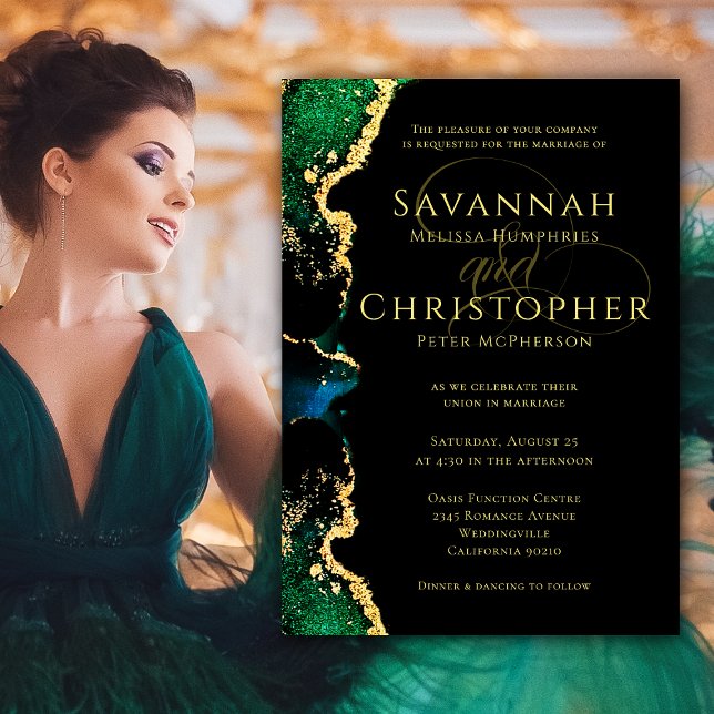 Agate Green Black Gold Ethereal Faire-part de mari (Agate Green Black Gold Ethereal Wedding Invitation. Model from Pexels.)