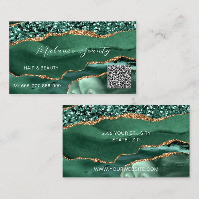 Agate Green Gold Code QR Carte de visite - Exemple (Devant / Derrière)