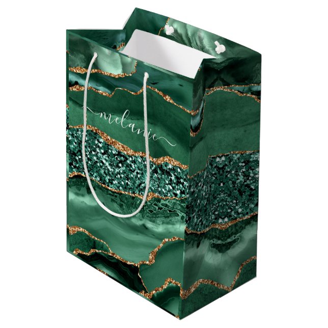 Agate Green Gold Emerald Custom Name Gift Bag (Back Angled)