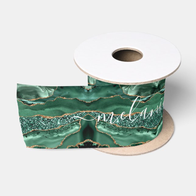 Agate Green Gold Emerald Custom Name Gift Ribbon Satin Ribbon (Spool)