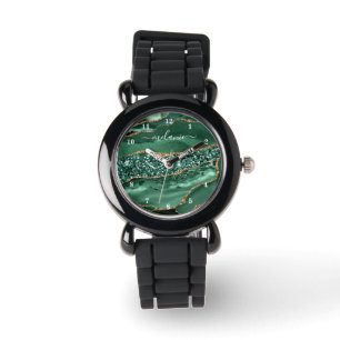Agate Green Gold Emerald Custom Name Watch Gift