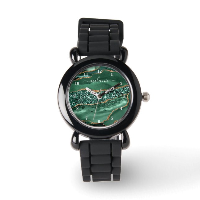 Agate Green Gold Emerald Custom Name Watch Gift (Front)