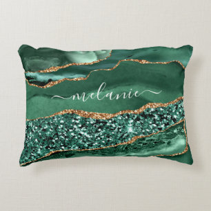 Agate Green Gold Glitter Custom Name Accent Pillow