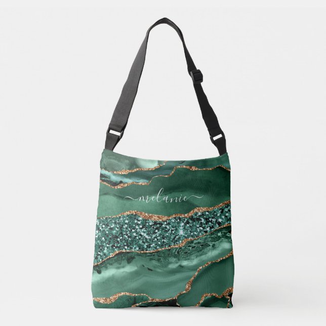 Agate Green Gold Glitter Custom Name Crossbody Bag (Front)