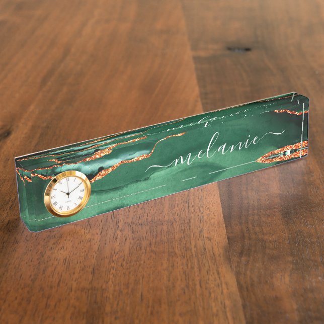 Agate Green Gold Glitter Emerald Desk Name Plate (Side)