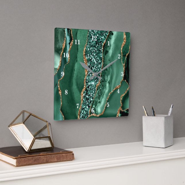 Agate Green Gold Glitter Emerald Wall Clock (Office)