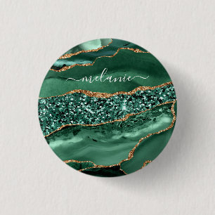 Agate Green Gold Glitter Geode Marble Custom Name 1 Inch Round Button