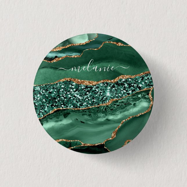 Agate Green Gold Glitter Geode Marble Custom Name 1 Inch Round Button (Front)