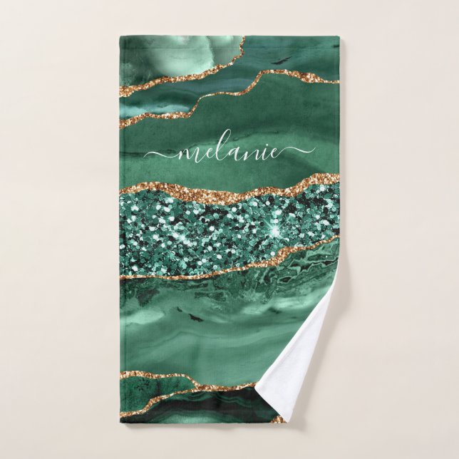 Agate Green Gold Glitter Geode Marble Custom Name Bath Towel Set (Hand Towel)