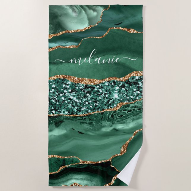 Agate Green Gold Glitter Geode Marble Custom Name Beach Towel (Front)